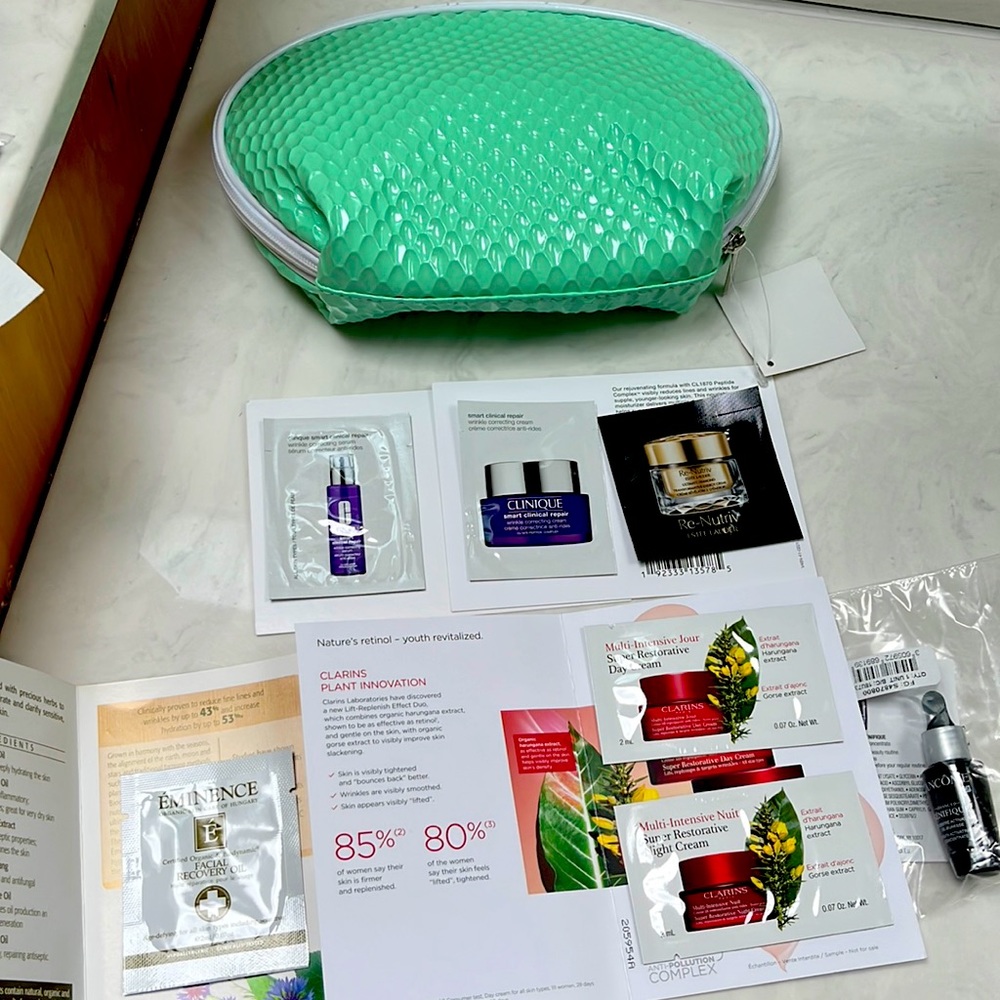 Lux skincare samples and bag. Clinique, Lancôme,Clarins,Estee Lauder,Eminence